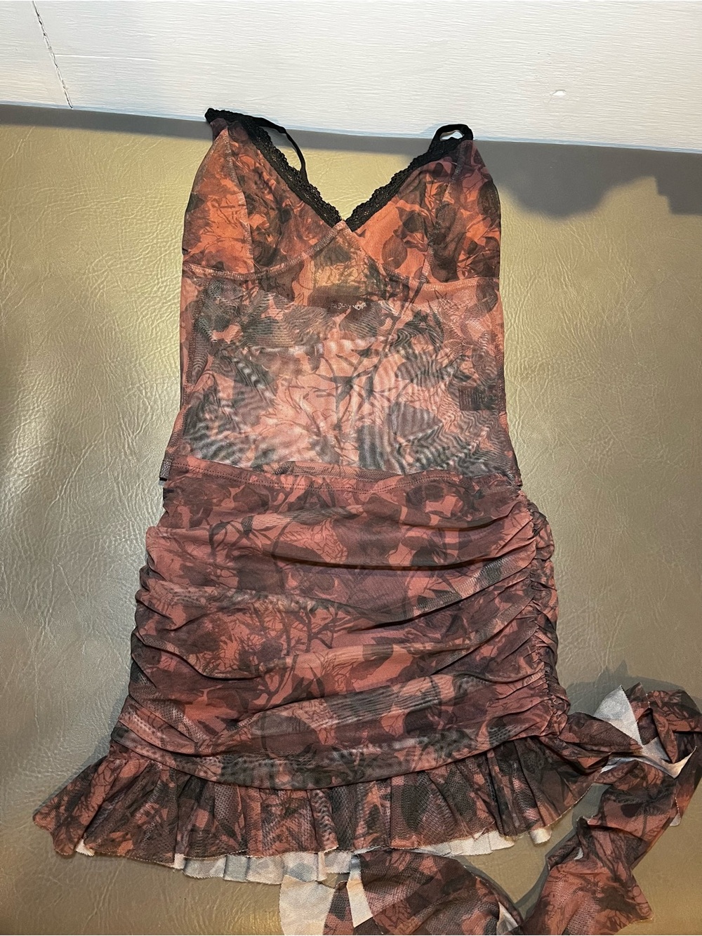 Fashion Nova Ruched Sheer Floral Mini Dress in Rust Brown